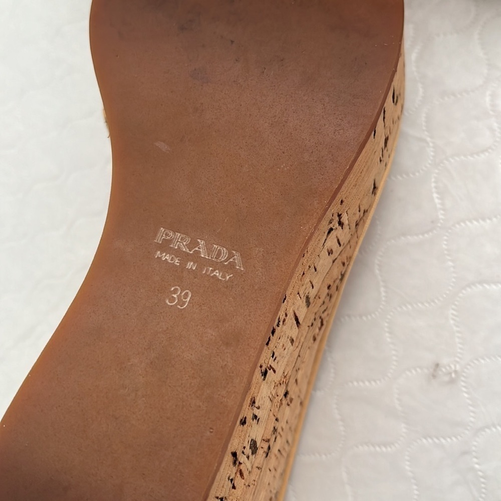 Prada tan and burgundy patent leather strappy cork platform wedge sandals - Picture 6 of 9